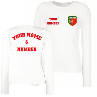 Personalised Women's Portugal 2026 Football T-Shirt Long Sleeve | Custom Name and Number | Portugal Flag Design (XL White Multi Color)