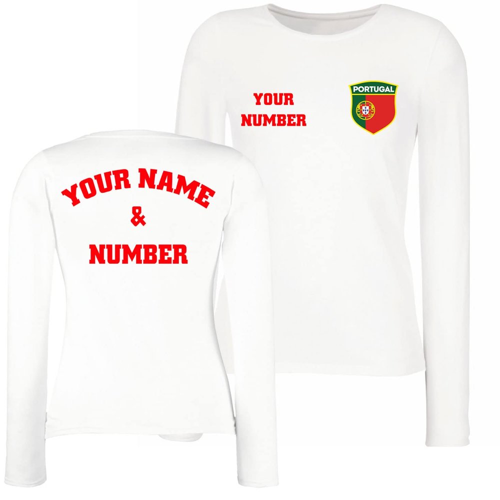 Personalised Women's Portugal 2026 Football T-Shirt Long Sleeve | Custom Name and Number | Portugal Flag Design (XL White Multi Color)