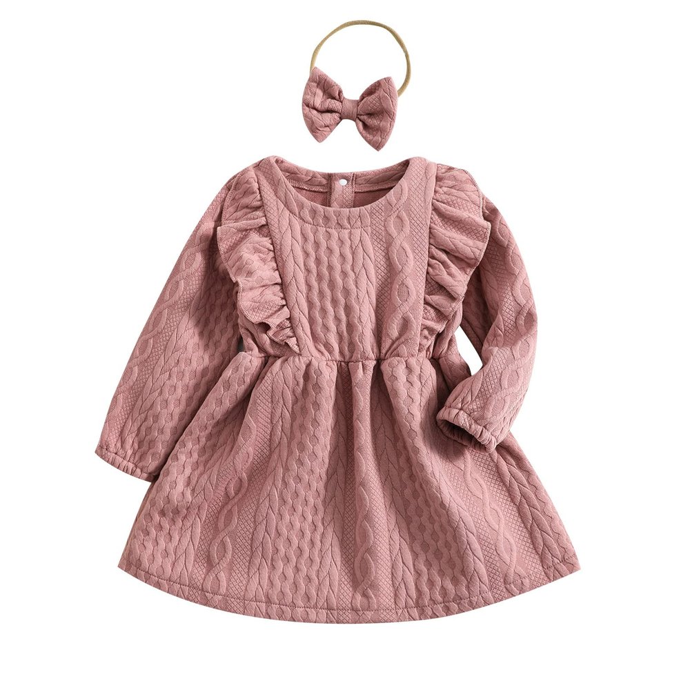 Kids Toddler Baby Girls Autumn Winter Solid Cotton Long Sleeve Princess Dress Headbands Clothes Toddler Tulle Dress (Red, 3-4 Years)