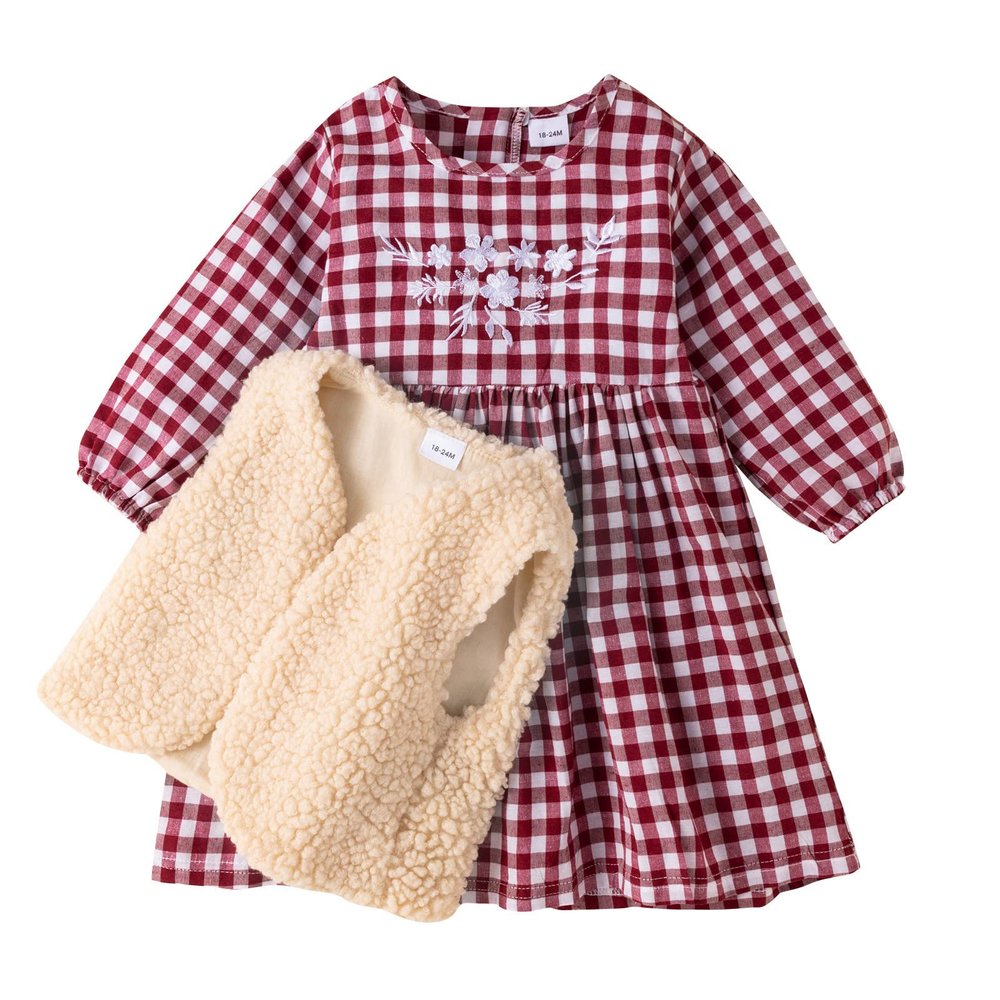 Kids Toddler Baby Girls Autumn Winter Plaid Cotton Long Sleeve Princess Dress Fleece Vest Set Clothes Kids Dresses (Red, 4-5 Years)
