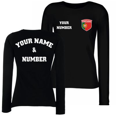 lepni.me Womens Personalised Long Sleeve Soccer Jersey Portugal T-Shirt Portuguese Flag European Football Championship 2024 (S Black Multi Color)