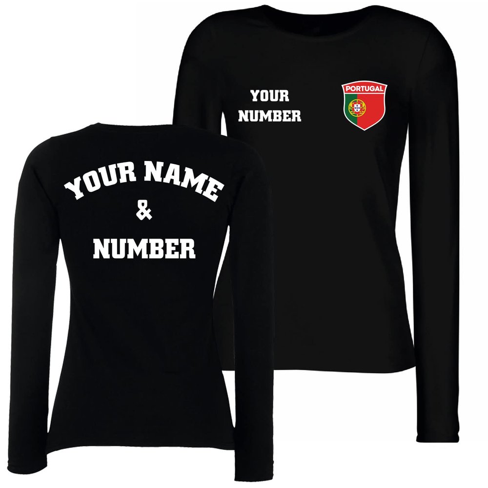 lepni.me Womens Personalised Long Sleeve Soccer Jersey Portugal T-Shirt Portuguese Flag European Football Championship 2024 (S Black Multi Color)