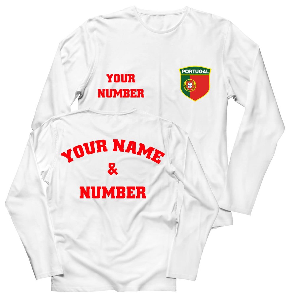 lepni.me Mens Personalised Long Sleeve Soccer Jersey Portugal T-Shirt Portuguese Flag European Football Championship 2024 (3XL White Multi Color)