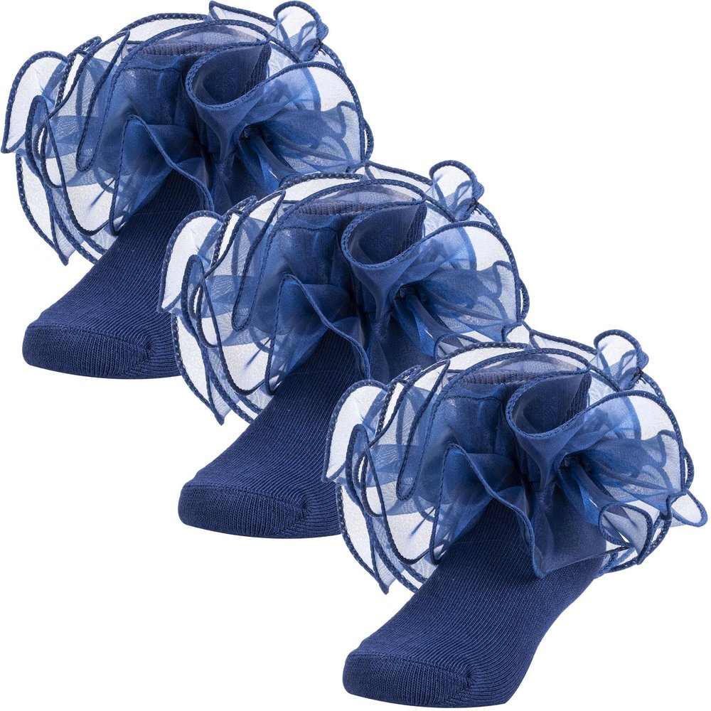 Dicry Baby Girls Double Lace Turn Cuff Socks with Big Ruffle for Toddlers and Kids (3 Pairs Blue, 1-3 Years)