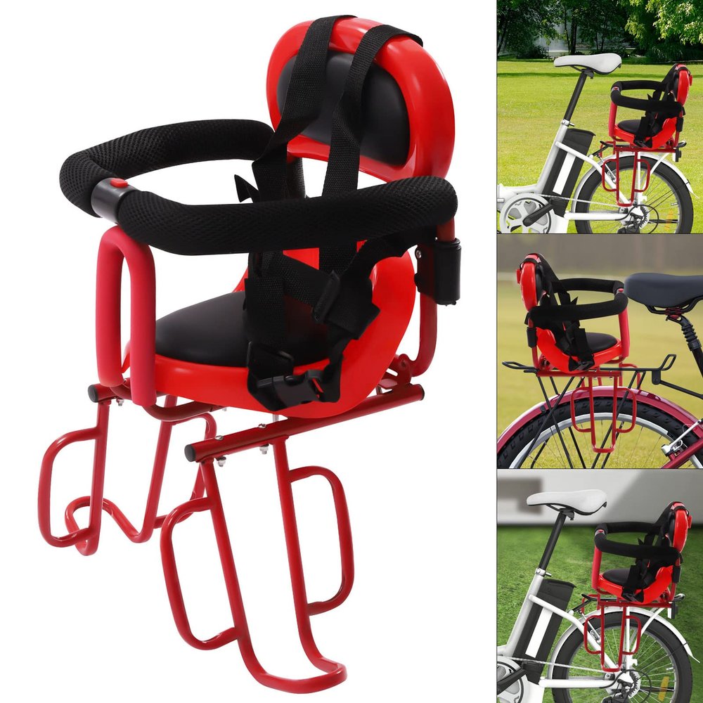 Portable Child Bicycle Seat, Soft Saddle Chair w/Foot Pedal, Front Mounted Baby Kids Safety Seat Carrier Adjusting Belt Buckle Easy Installation (red)