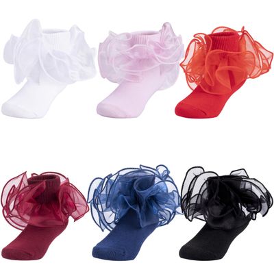 Dicry Baby Girls Double Lace Turn Cuff Socks with Big Ruffle for Big Kids (6 Pairs Colorful, 6-8 Years)