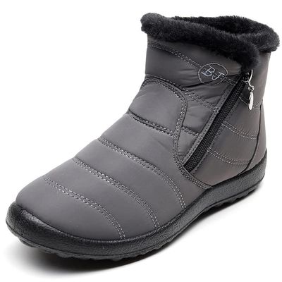 HuangTaiJi Qing Women Winter Warm Zipper Snow Ankle Booties Fur Lined Outdoor Casual Boots Shoes Grey Zipper US 5.5