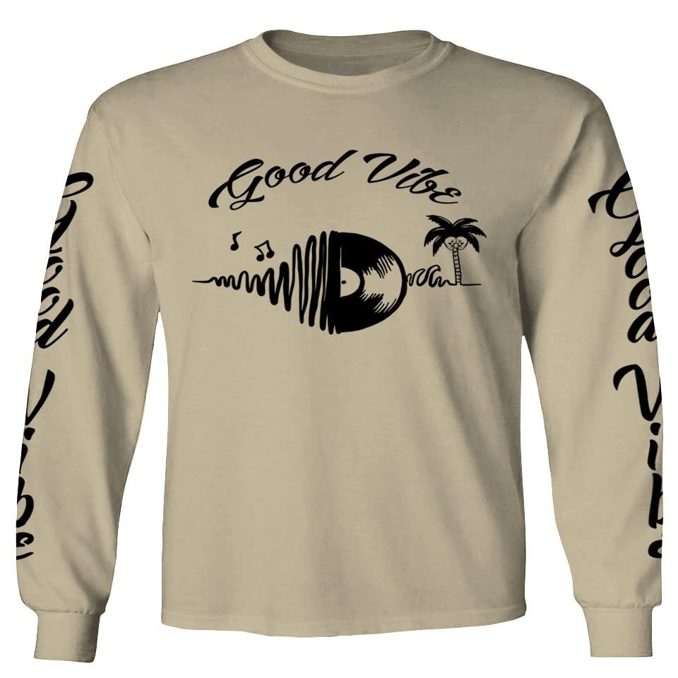 0519. dope Tropical Summer Beach Palm Tree Music Good Vibes Vinyl Streetwear Men's Long Sleeve t Shirt (Beige X-Large)