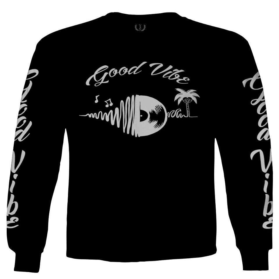 0519. dope Tropical Summer Beach Palm Tree Music Good Vibes Vinyl Streetwear Men's Long Sleeve t Shirt (Black, X-Large)