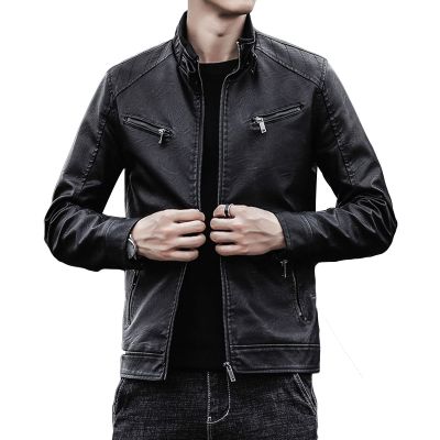 Maiyifu-GJ Men's Pu Lightweight Stand Collar Jacket Faux Leather Winter Slim Fit Jacket Vintage Motorcycle Windbreaker Coats (Black,Large)