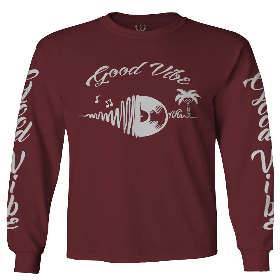 0519. dope Tropical Summer Beach Palm Tree Music Good Vibes Vinyl Streetwear Men's Long Sleeve t Shirt (Maroon Medium)