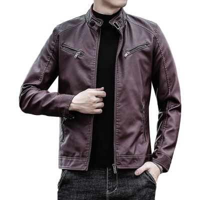 Maiyifu-GJ Men's Pu Lightweight Stand Collar Jacket Faux Leather Winter Slim Fit Jacket Vintage Motorcycle Windbreaker Coats (Red,XX-Large)