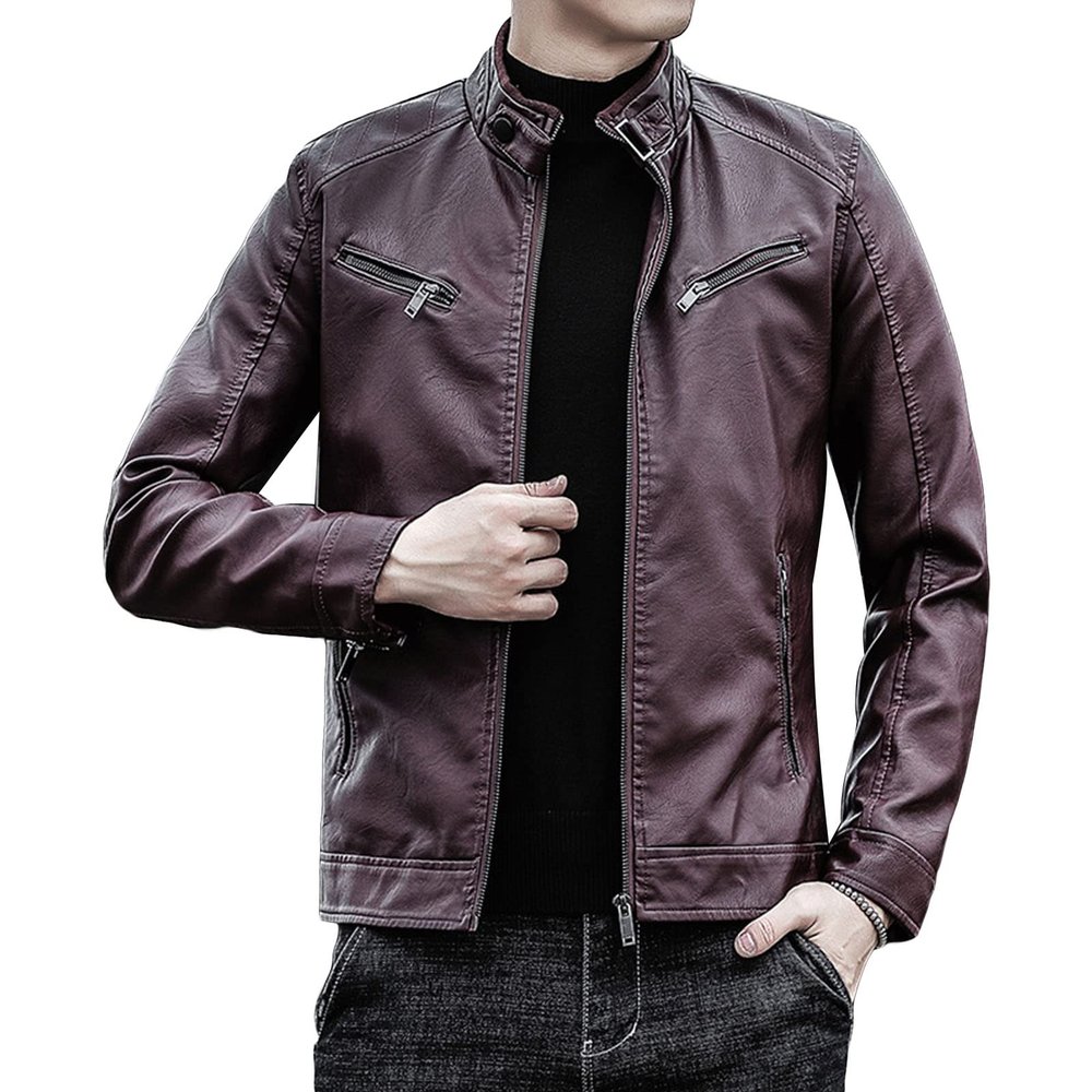 Maiyifu-GJ Men's Pu Lightweight Stand Collar Jacket Faux Leather Winter Slim Fit Jacket Vintage Motorcycle Windbreaker Coats (Red,XX-Large)