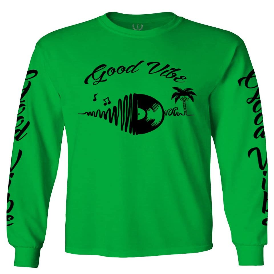 0519. dope Tropical Summer Beach Palm Tree Music Good Vibes Vinyl Streetwear Men's Long Sleeve t Shirt (Irish Green 2X Large)