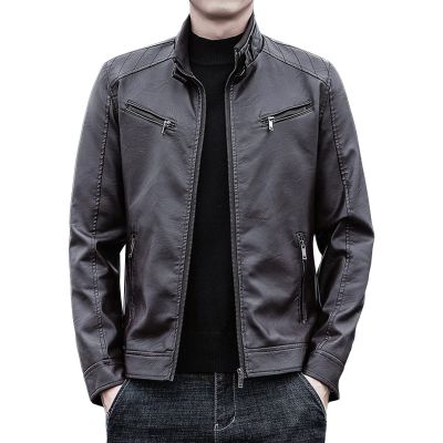 Maiyifu-GJ Men's Pu Lightweight Stand Collar Jacket Faux Leather Winter Slim Fit Jacket Vintage Motorcycle Windbreaker Coats (Brown,Medium)
