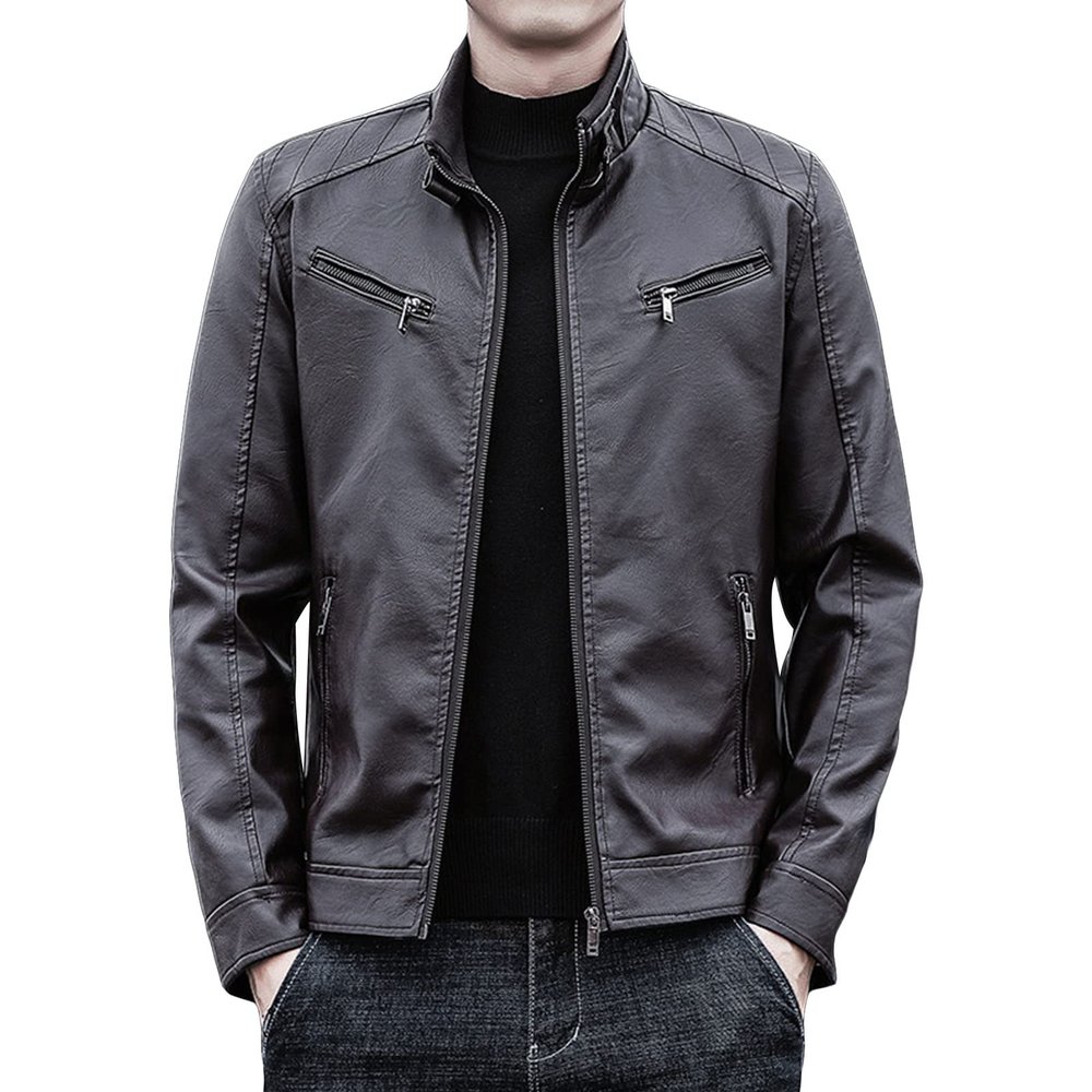 Maiyifu-GJ Men's Pu Lightweight Stand Collar Jacket Faux Leather Winter Slim Fit Jacket Vintage Motorcycle Windbreaker Coats (Brown,Medium)