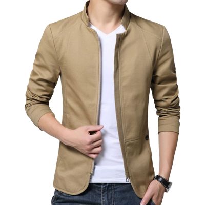 Men's Vintage Zip Up Suit Jacket Stand Collar Slim Fit Sport Coat Casual Retro Washed Lightweight Blazer (Khaki,4X-Large)