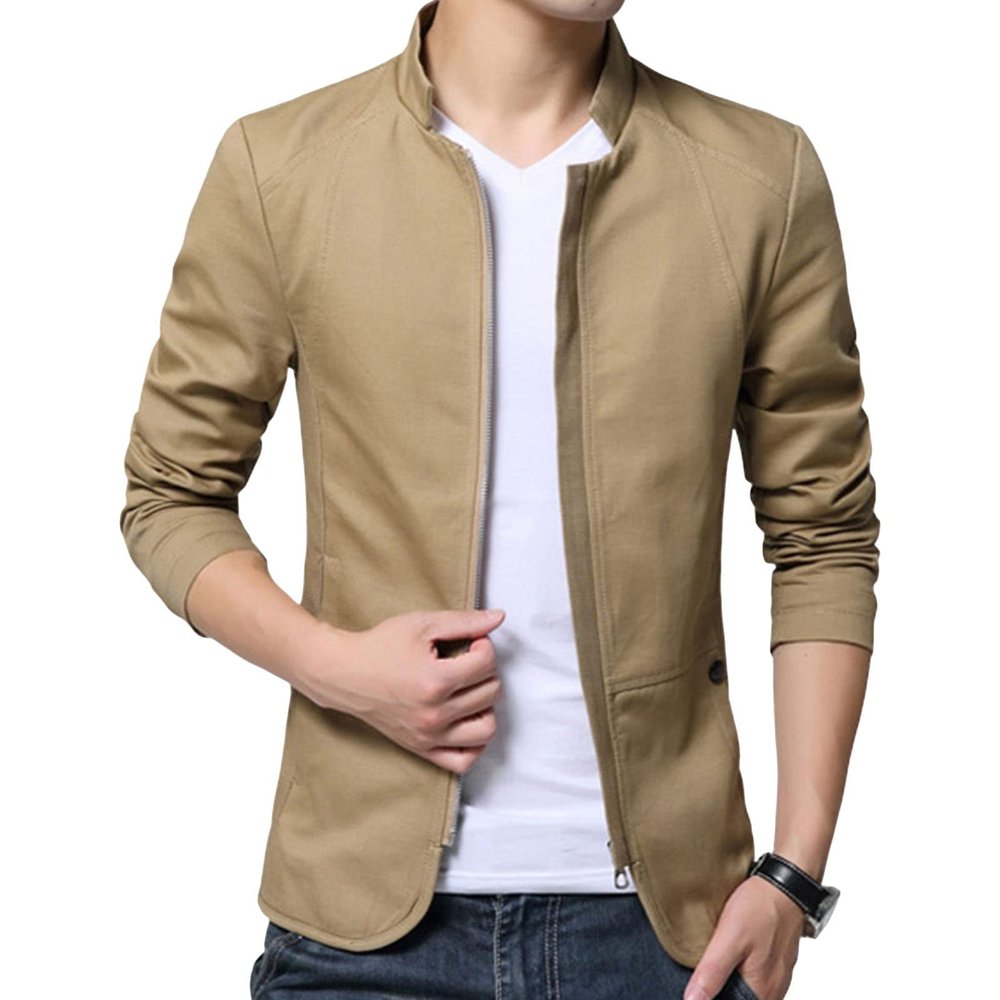 Men's Vintage Zip Up Suit Jacket Stand Collar Slim Fit Sport Coat Casual Retro Washed Lightweight Blazer (Khaki,4X-Large)