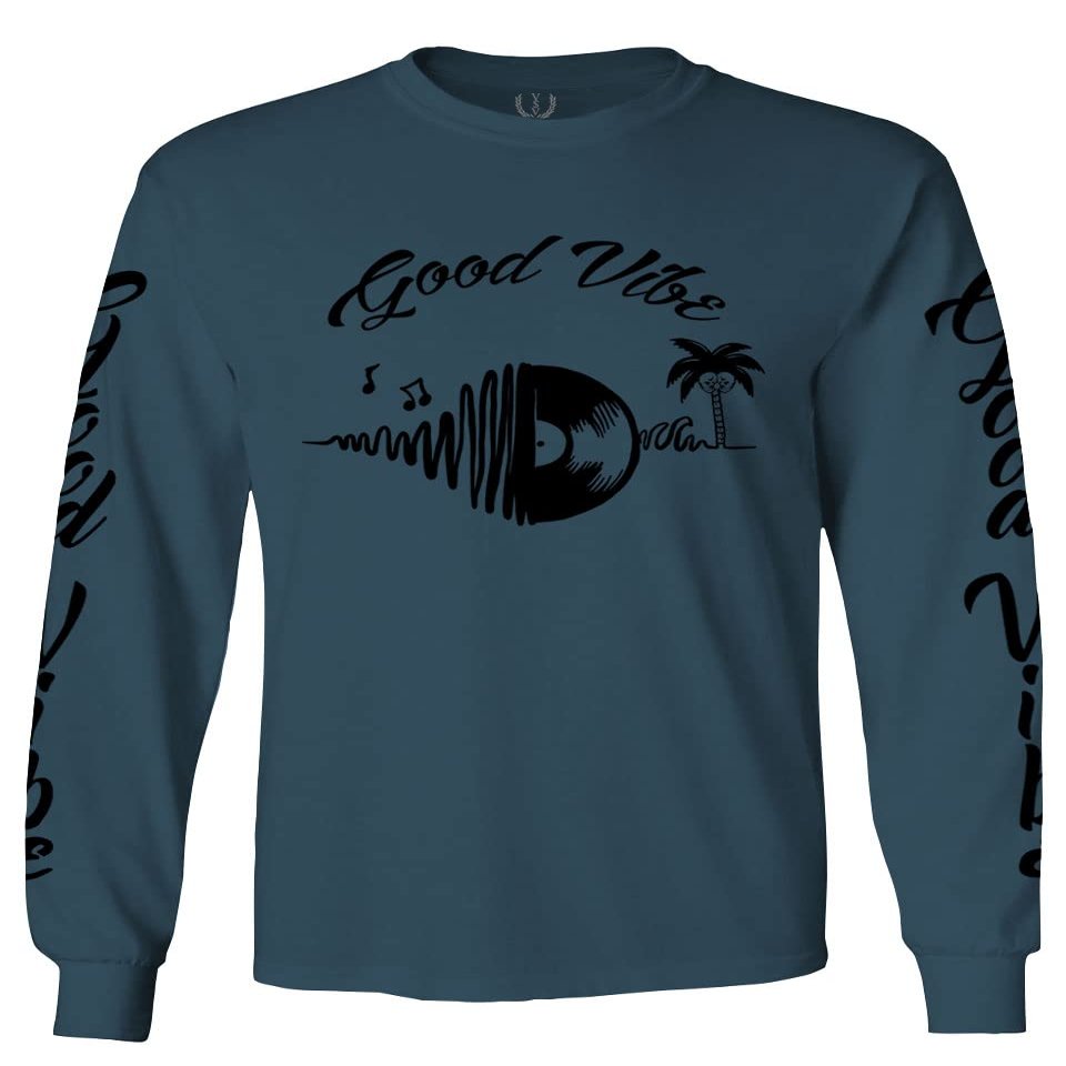 0519. dope Tropical Summer Beach Palm Tree Music Good Vibes Vinyl Streetwear Men's Long Sleeve t Shirt (Indigo Blue Medium)