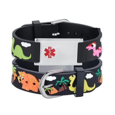LinnaLove Medical Alert Bracelets Cartoon Emergency ID bracelets with customize engraved (Black Dinosaur)