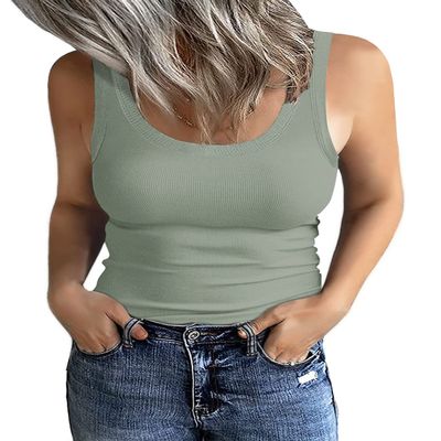 GEMBERA Women's Sleeveless Scoop Neck Ribbed Tank Tops Fitted Basic Cami Tee Shirts(Sage Green,M)