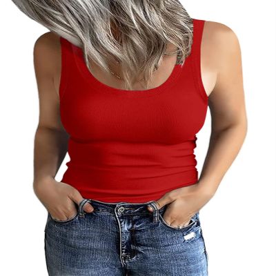 GEMBERA Women's Sleeveless Scoop Neck Ribbed Tank Tops Fitted Basic Cami Tee Shirts(Red,XS)