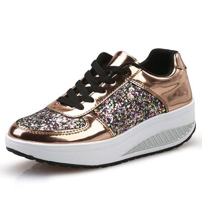 HINDOLA Women's Walking Shoes Sequin Lightweight Non Slip Tennis Sneakers Comfort Wedge Platform Athletic Running Shoes Gold