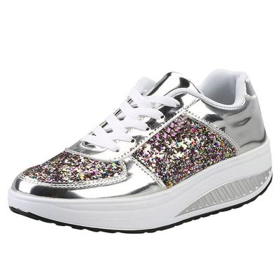 HINDOLA Women's Walking Shoes Sequin Lightweight Non Slip Tennis Sneakers Comfort Wedge Platform Athletic Running Shoes Silver