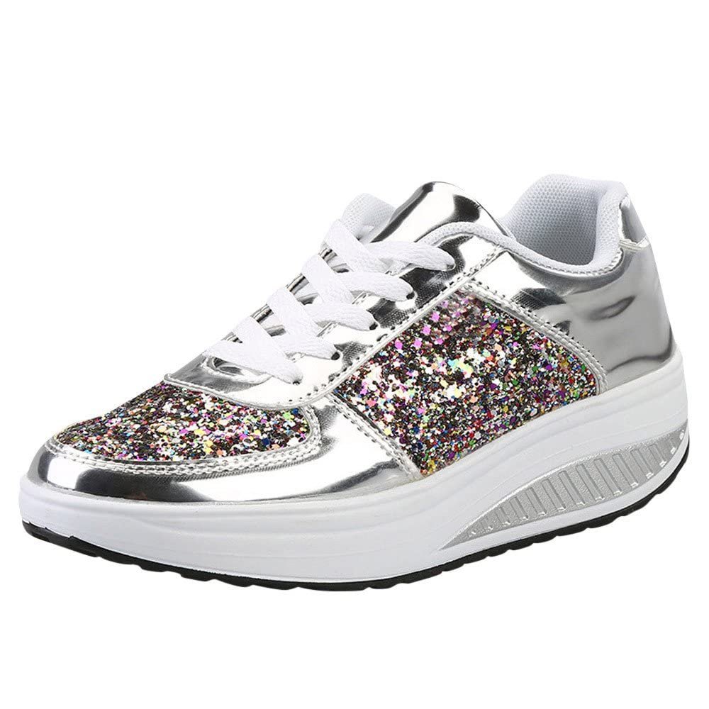 HINDOLA Women's Walking Shoes Sequin Lightweight Non Slip Tennis Sneakers Comfort Wedge Platform Athletic Running Shoes Silver