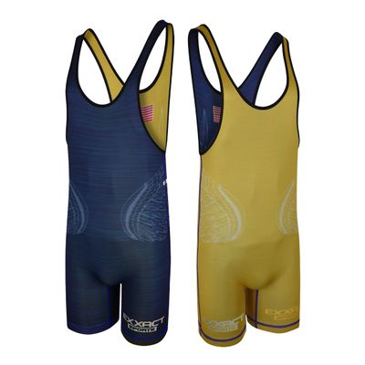 Exxact Sports Reversible Men's Wrestling Singlet, High-Performance Powerlifting Singlet, Wrestling Singlets for Men (Navy/Gold, AS)