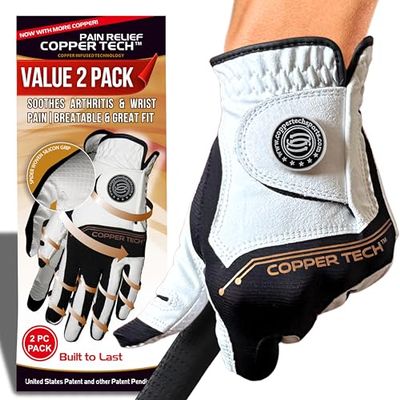 Copper Tech Ladies Golf Gloves Women Right Handed Golfer or Left Handed Golfer 2 Pack | Copper Compression Joint Support with Flexible & Comfortable Fit (White/Black, Medium-Large, Left)
