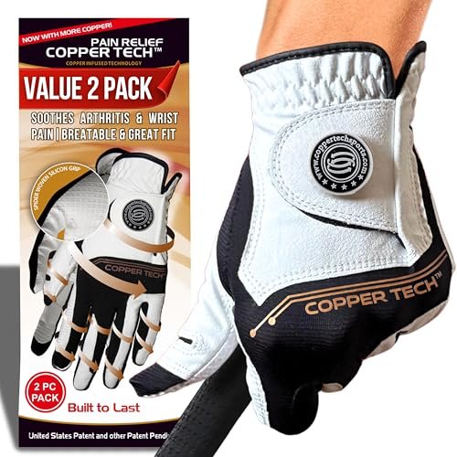 Copper Tech Ladies Golf Gloves Women Right Handed Golfer or Left Handed Golfer 2 Pack | Copper Compression Joint Support with Flexible & Comfortable Fit (White/Black, Medium-Large, Left)