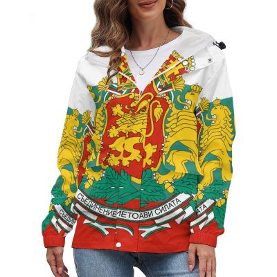 Bulgarian Badge Flag Casual Anorak Full-Zip Jacket Thicken Warm Winter Outerwear with Pockets for Women 2XL