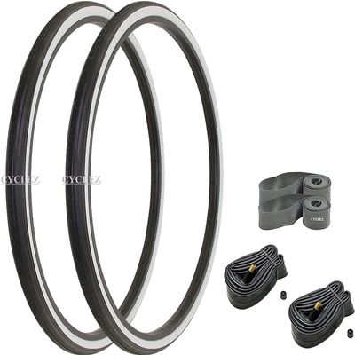 CYCLEZ 27 x 1 1/4 Classic Wired Clincher Bicycle Tire Kit White Sidewall Color Smooth Tread Tires for 27 Inch Touring, Road, Fixed Gear Bikes Replacement Bike Tire Kit