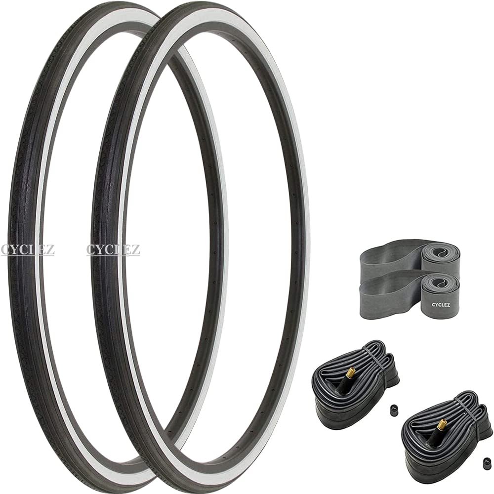 CYCLEZ 27 x 1 1/4 Classic Wired Clincher Bicycle Tire Kit White Sidewall Color Smooth Tread Tires for 27 Inch Touring, Road, Fixed Gear Bikes Replacement Bike Tire Kit