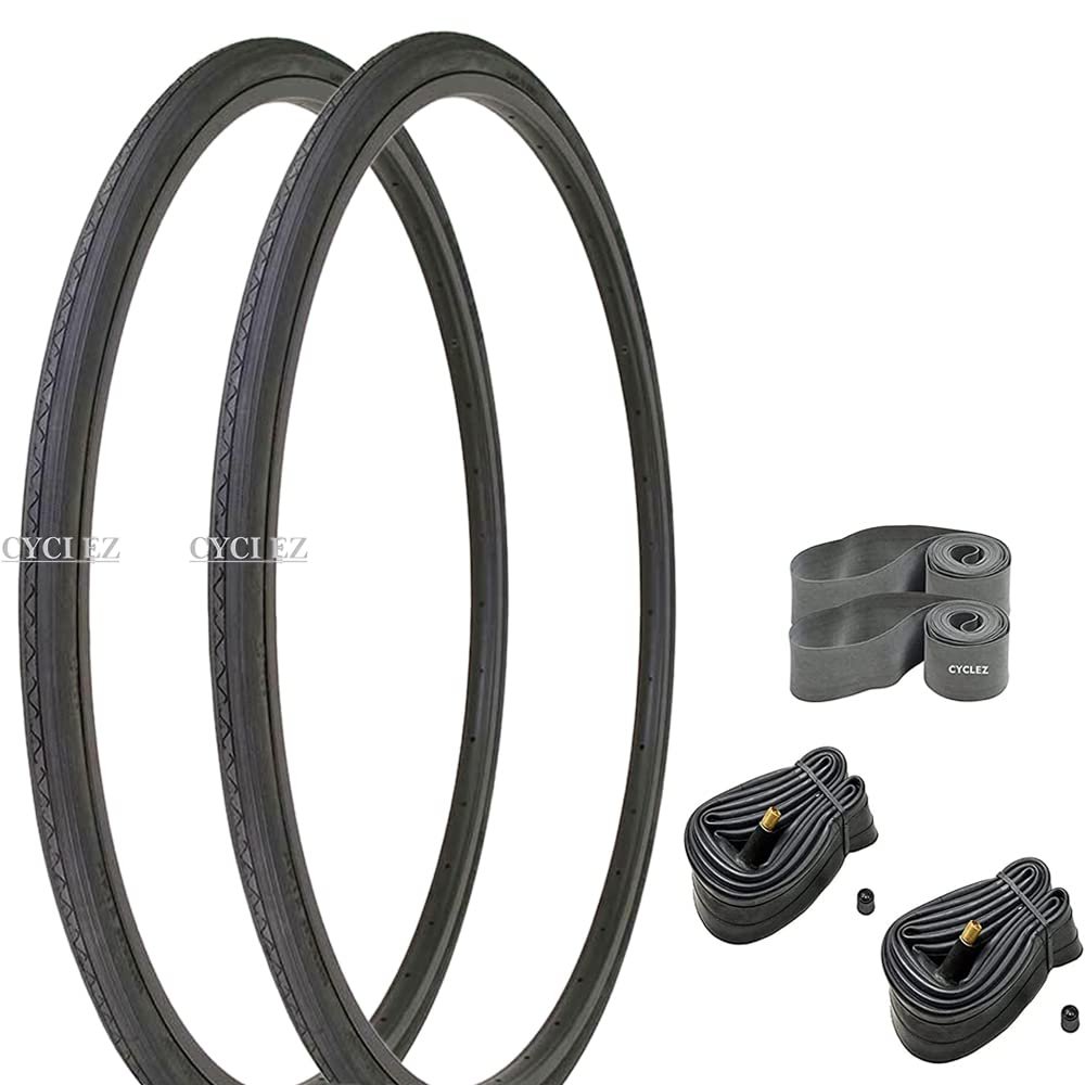 CYCLEZ 27 x 1 1/4 Classic Wired Clincher Bicycle Tire Kit Multiple Colors Smooth Tread Tires for 27 Inch Touring, Road, Fixed Gear Bikes Replacement Bike Tire Kit (Black)