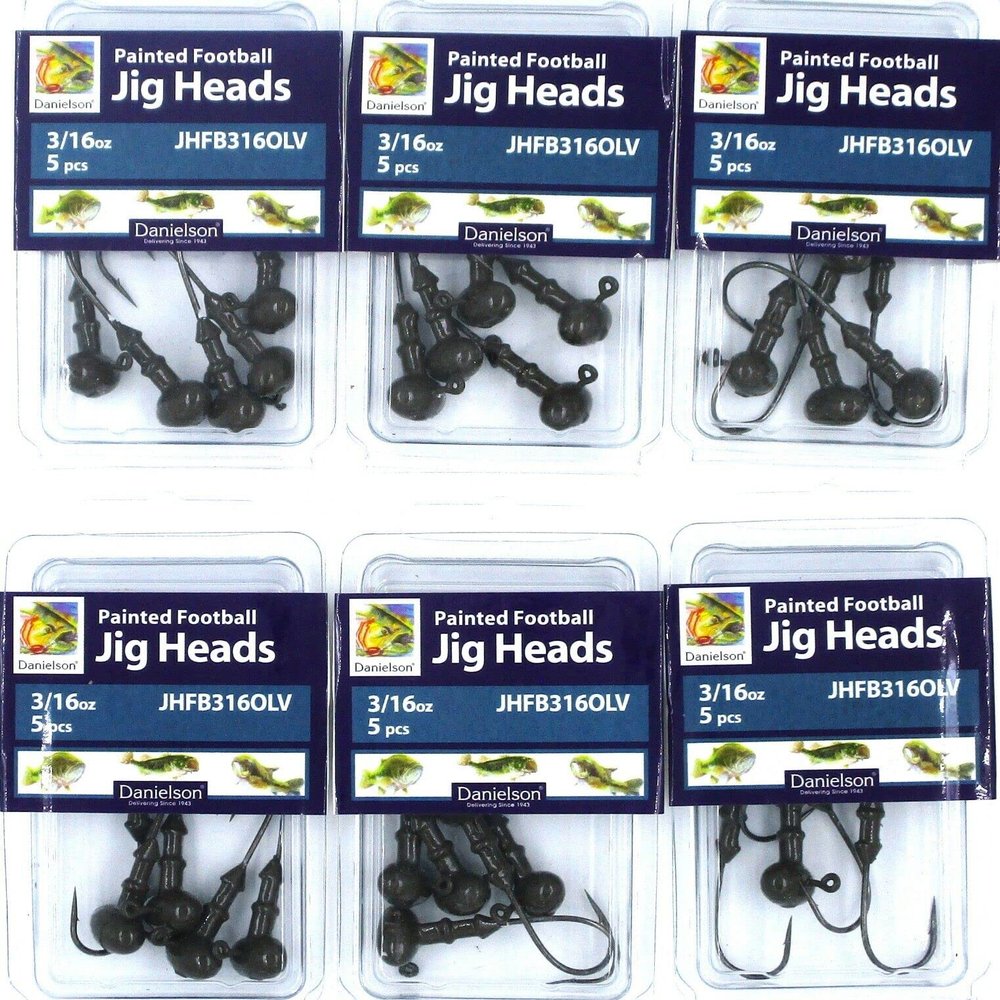 (6) Packs Danielson 3/16 Oz Olive Painted Football Jig Heads Fish Hook