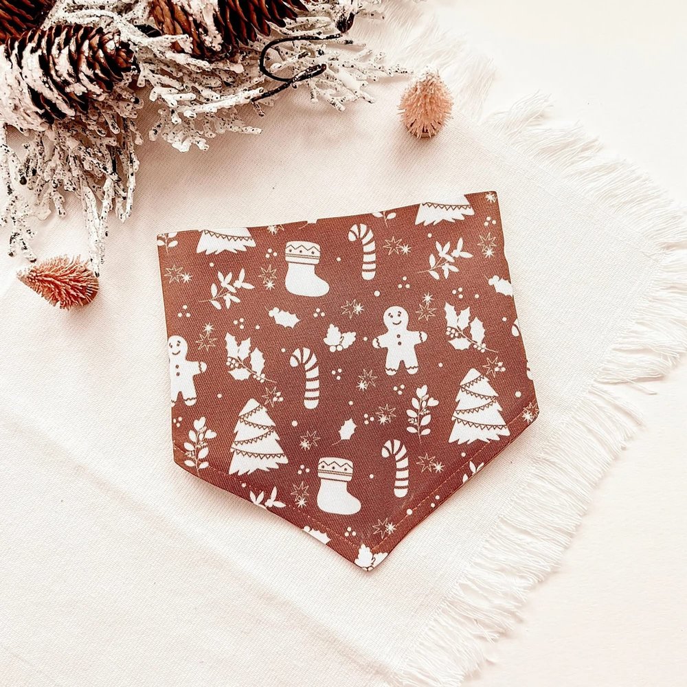 Boho Christmas Elements Bandana, Over The Collar Dog Bandana, Cat Bandana, Pet Accessories, Brown Color Pallet, Christmas Theme Bandana (Large)