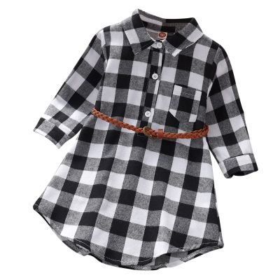 Girls Toddler Plaid Pleated Mini Dress Button Down Plaid Flannel Shirts Long Sleeve Casual Dress Girls Valentine Dress (Black, 3-4 Years)