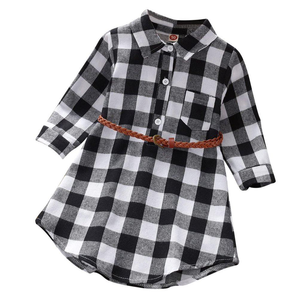 Girls Toddler Plaid Pleated Mini Dress Button Down Plaid Flannel Shirts Long Sleeve Casual Dress Girls Valentine Dress (Black, 3-4 Years)