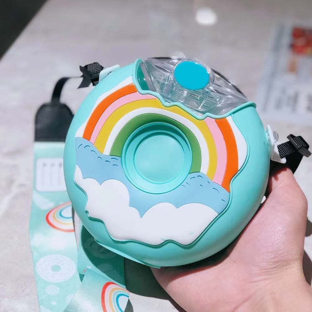 380ml Water Bottle with Straw Kawaii Kettle Leak Proof Sports Cup Children Portable Travel School Water Cup (Blue)
