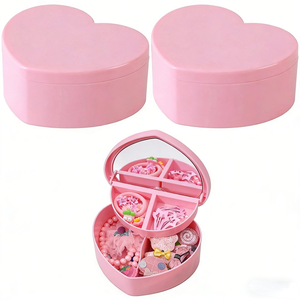 Cabilock Heart Shaped Jewelry Box 3PCS Double Layer Jewelry Case with Mirror for Earrings Rings Necklaces Desktop Storage Case for Girls