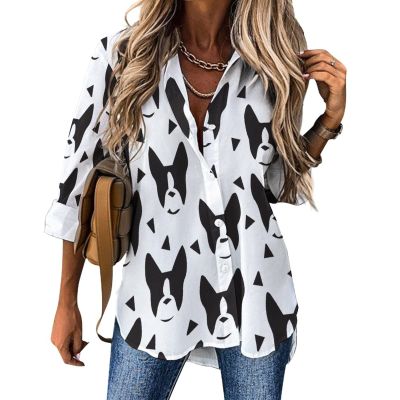 Boston Terriers Women's Shirts Long Sleeve Button Down Loose Blouses T-Shirt Tops 5XL