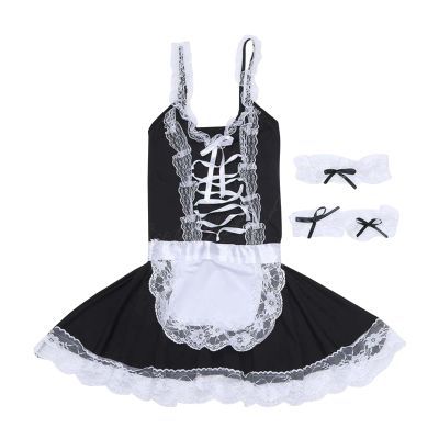 Men's Sissy Crossdressing Lingerie Plus Size French Maid Roleplay Costume Cosplay Nightwear Pajamas Outfits Set (Black,3X-Large)