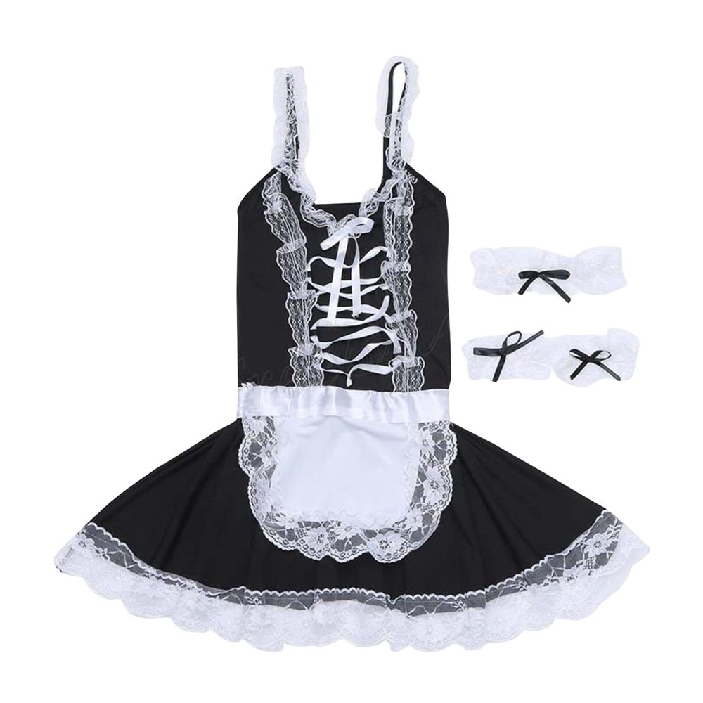 Men's Sissy Crossdressing Lingerie Plus Size French Maid Roleplay Costume Cosplay Nightwear Pajamas Outfits Set (Black,3X-Large)