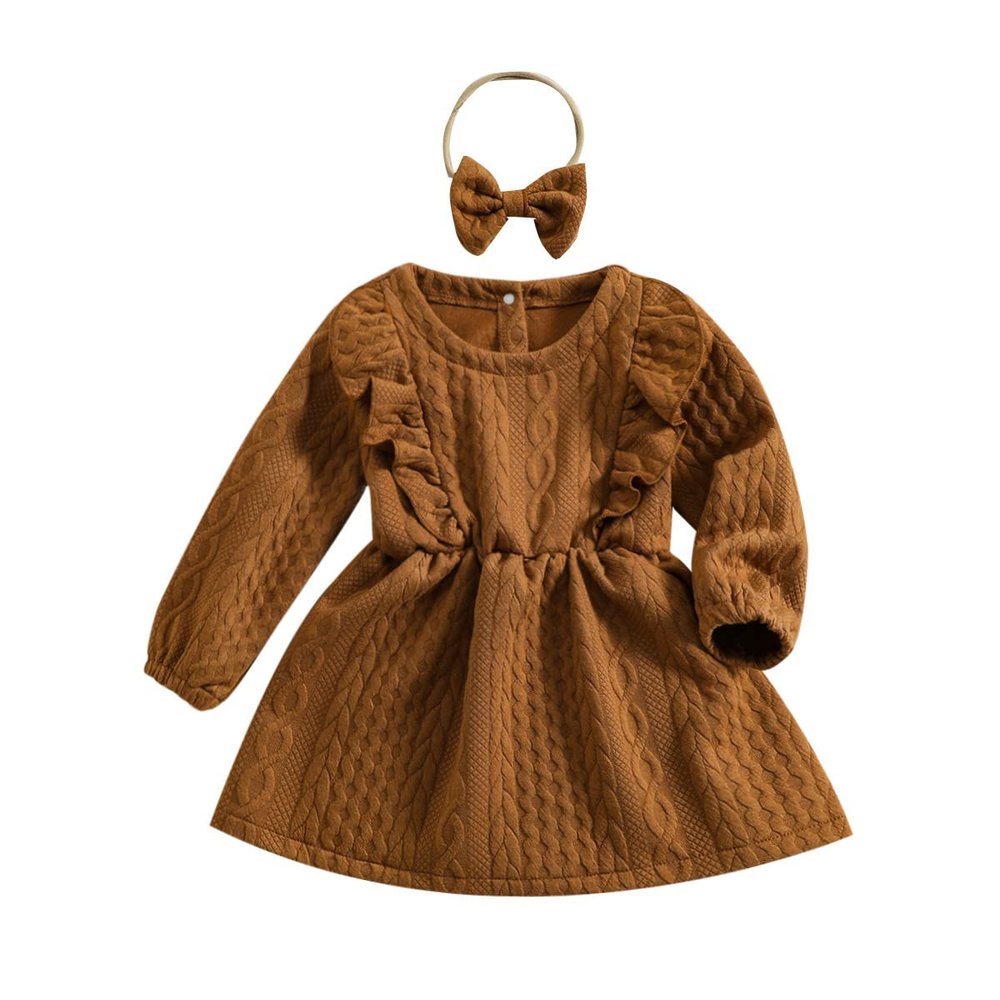 Kids Toddler Baby Girls Autumn Winter Solid Cotton Long Sleeve Princess Dress Headbands Clothes Toddler Tulle Dress (Coffee, 6-12 Months)
