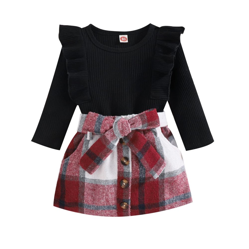 Kids Toddler Baby Girls Autumn Winter Plaid Cotton Long Sleeve Ribbed Shirt Tops Ruffle Bow Button Skirts Cotton Dress (Black, 12-18 Months)