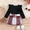 Kids Toddler Baby Girls Autumn Winter Plaid Cotton Long Sleeve Ribbed Shirt Tops Ruffle Bow Button Skirts Cotton Dress (Black, 12-18 Months) view 2