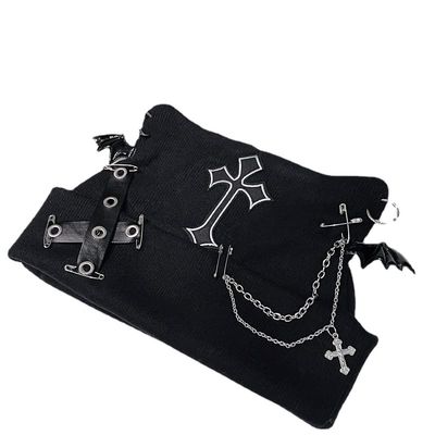 Harajuku Gothic Lolita Knitted Cat Ear Hat Women Punk Designer Cross Bat Winter Beanie Hat Female Y2K Girls Cap (Black,one Size,One Size)