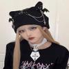 Harajuku Gothic Lolita Knitted Cat Ear Hat Women Punk Designer Cross Bat Winter Beanie Hat Female Y2K Girls Cap (Black,one Size,One Size) view 2